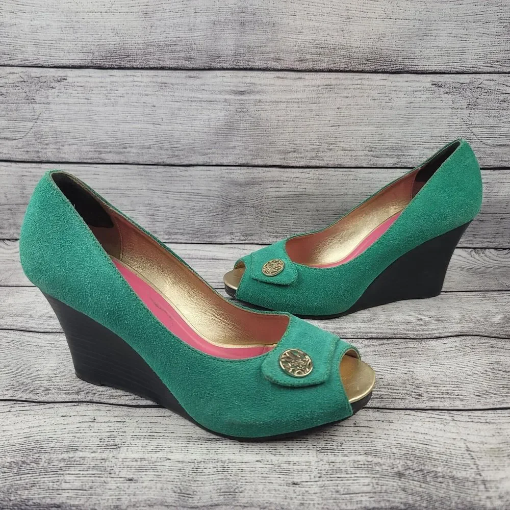 Lilly Pulitzer Resort Chic Jewel Green Suede Wedge Peep-toe Shoes Women's 6.5